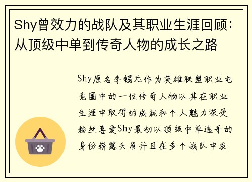 Shy曾效力的战队及其职业生涯回顾：从顶级中单到传奇人物的成长之路