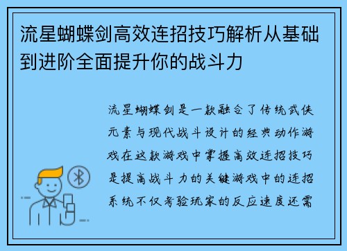 流星蝴蝶剑高效连招技巧解析从基础到进阶全面提升你的战斗力